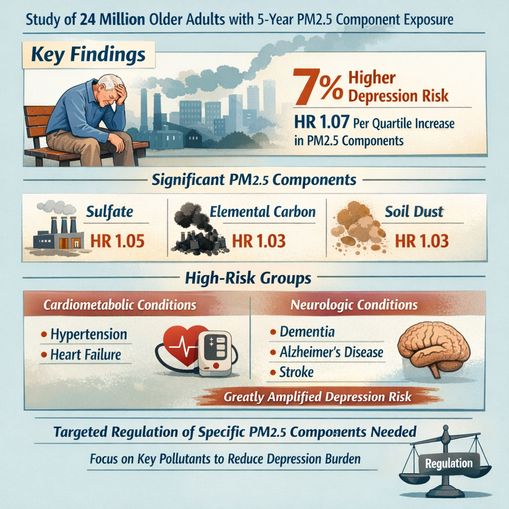 Three PM2.5 Components Drive Depression Risk in Older Adults: Sulfate, Elemental Carbon, and Soil Dust Analysis