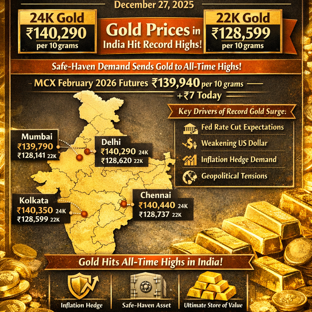 Gold Rate Today in India: 24-Karat and 22-Karat Gold Prices Across Major Cities (December 27, 2025)