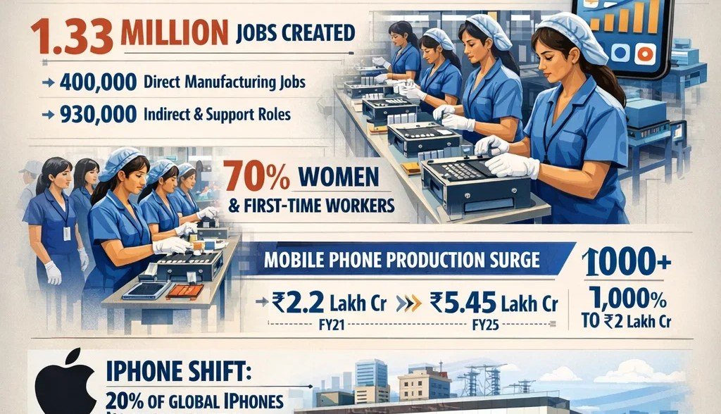 Make in India Electronics: 1.33 Million Jobs Created as PLI Scheme Transforms Smartphone Manufacturing and Exports