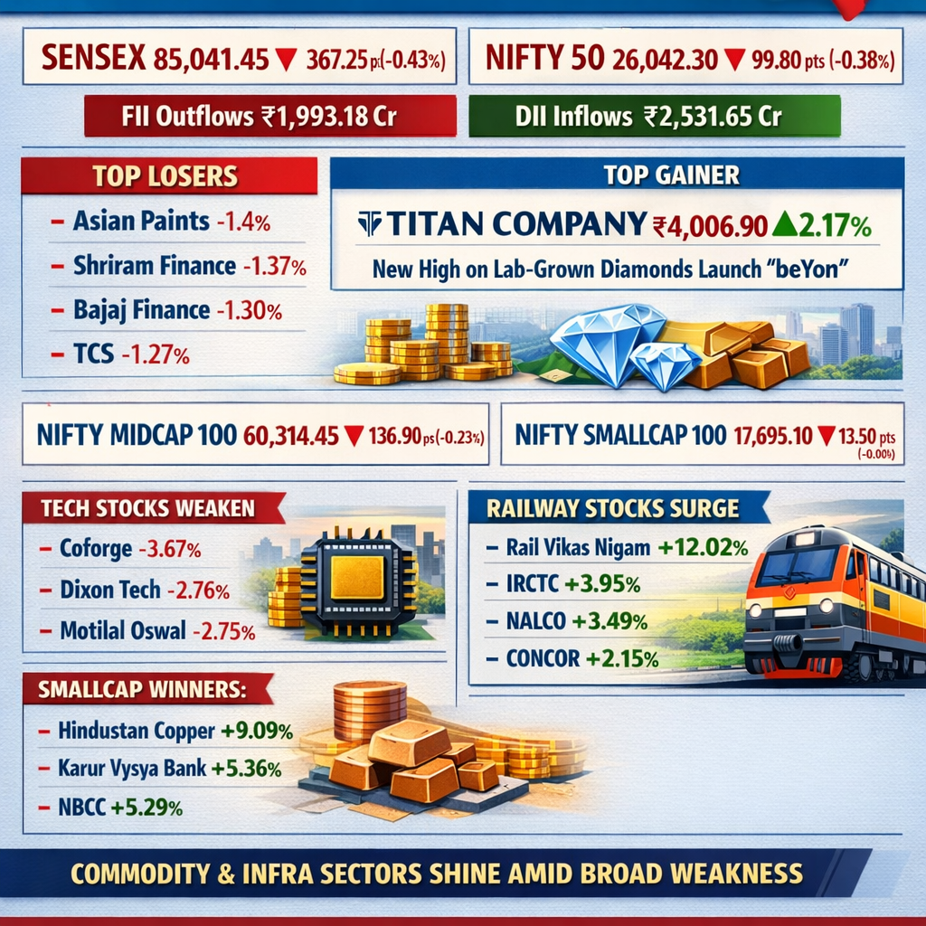 Stock Market Top Gainers and Losers December 26, 2025: Titan Surges 2.17%, TCS and Shriram Finance Decline Amid FII Outflows